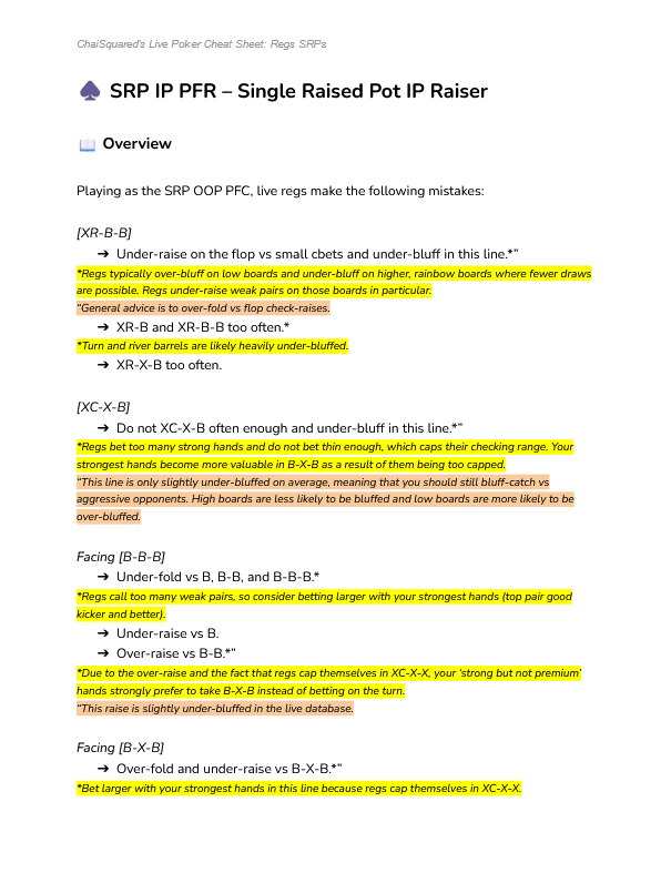 Savant Courses - Live Poker Cheat Sheets