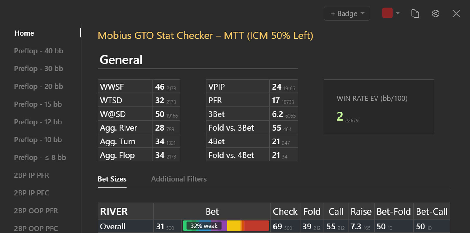Mobius Poker GTO Stat Checker MTT Sample 1