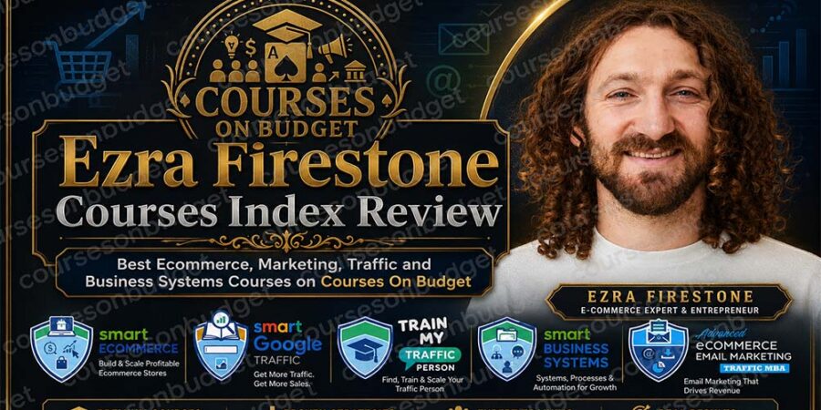 Ezra Firestone Index Review featuring ecommerce, Google Ads, email marketing, traffic and business systems courses on Courses On Budget
